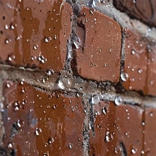 Close-up of water droplets on a red brick wall.