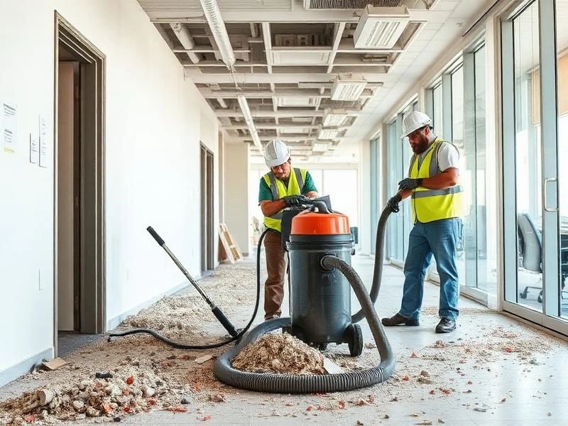 Two construction workers cleaning debris with a large vacuum cleaner indoors.
