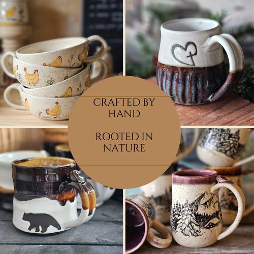 soup bowls with chickens, mountain ug with trees and wildlife