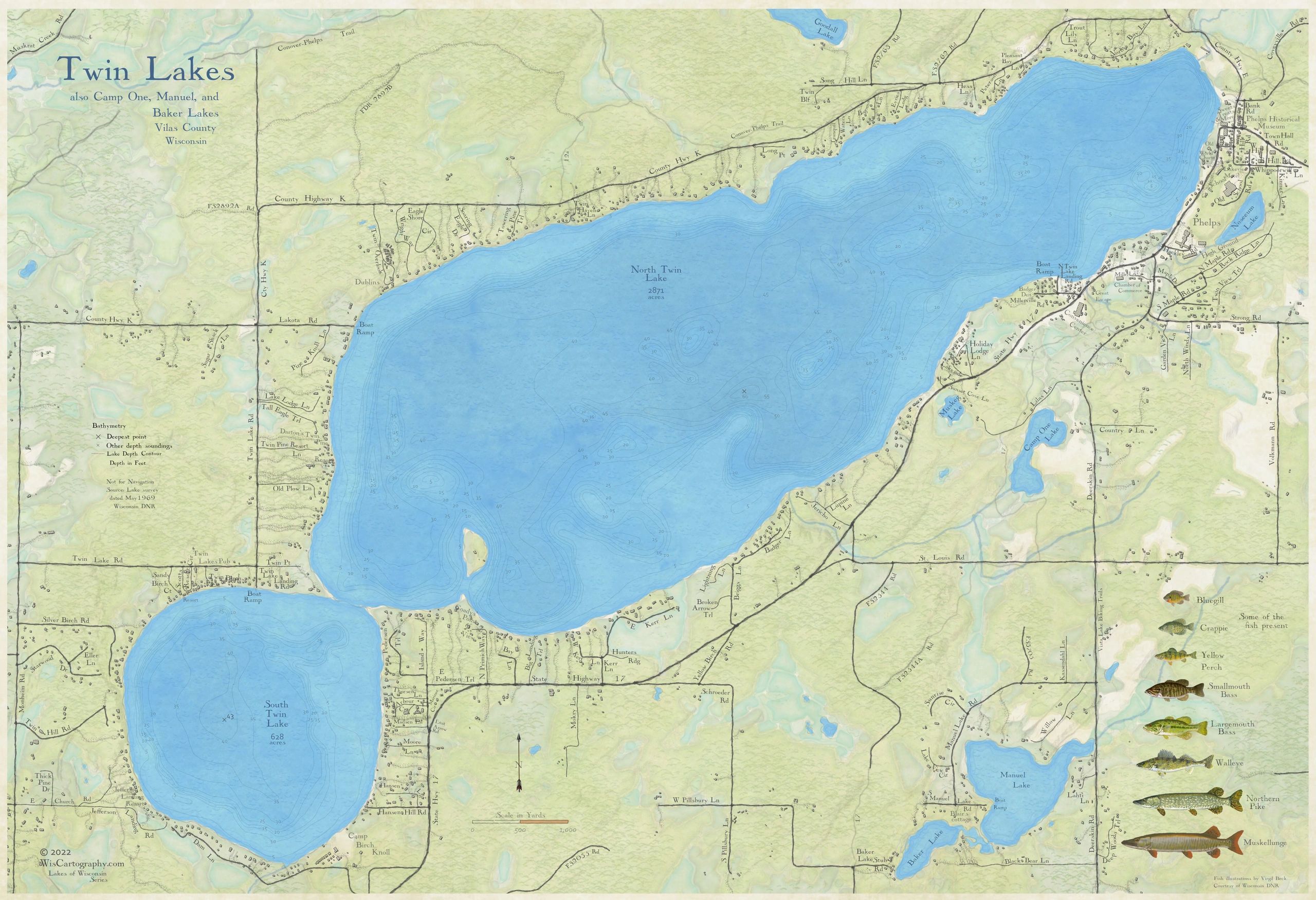 North & South Twin Lakes (Vilas Co) Fishing Map