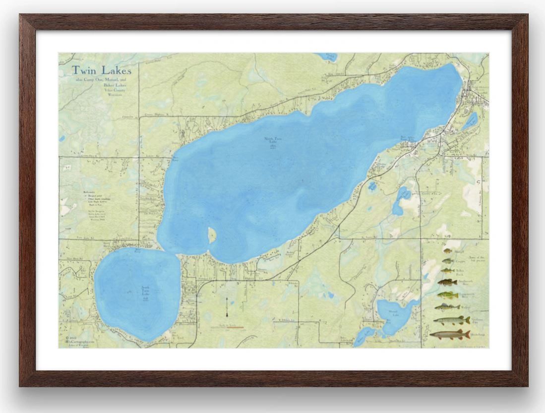 Wisconsin Lake Maps Lake Maps Lake Depth Maps And Fishing Maps   TwinLakes Vilas Framed.JPG