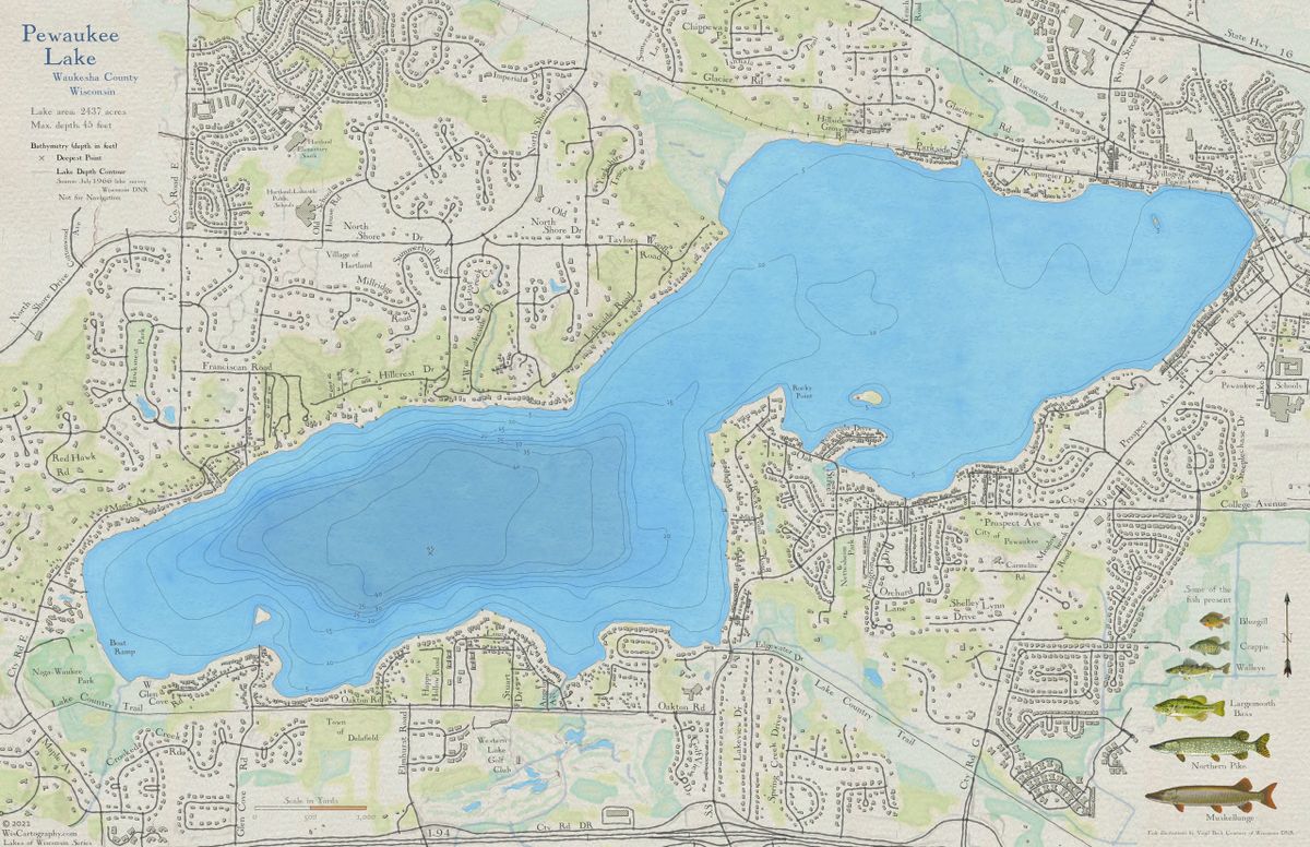 Pewaukee Lake Fishing Map Pewaukee Lake, Waukesha County