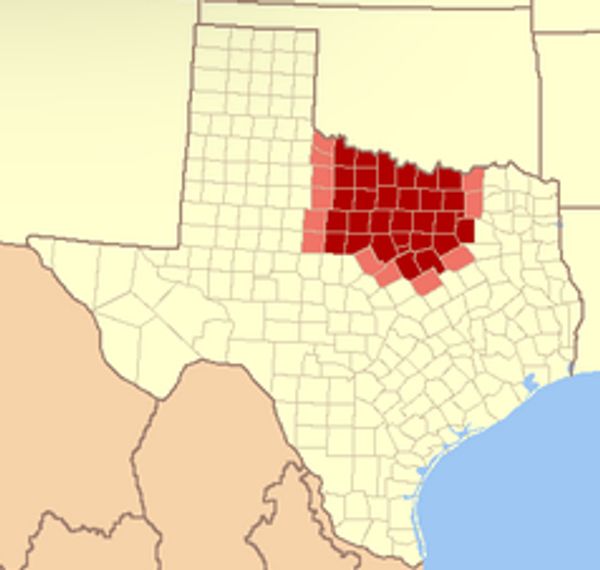 Map highlighting counties in north-central Texas in dark and light red.