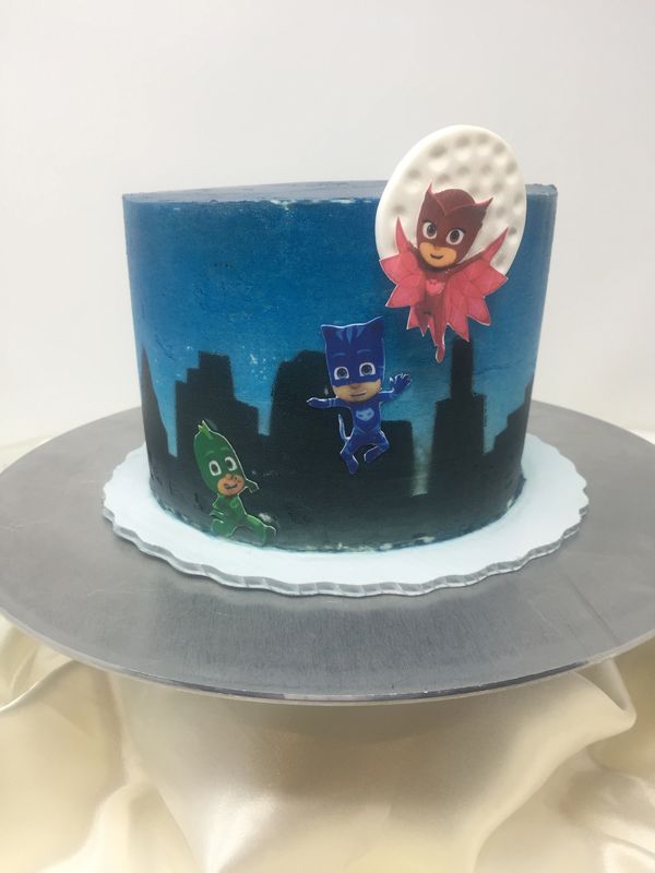 PJ Masks Smash Cake with airbrushed cityscape and edible image characters