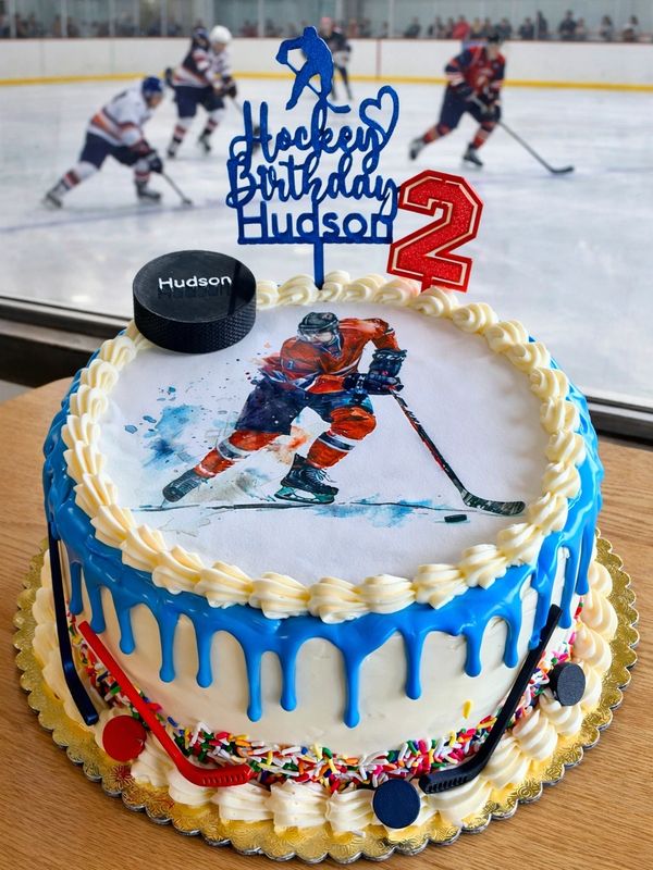 Cake with a hockey player on top, with sticks and pucks in front of a hockey rink.