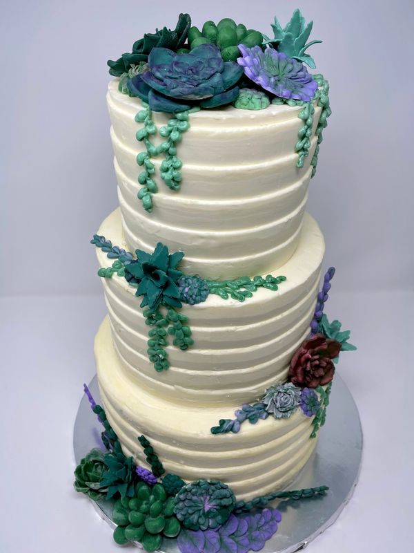 3 tier white cake with succulents