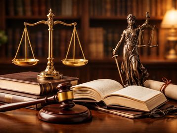 Gavel, scales, and Lady Justice statue on legal books in a law library.