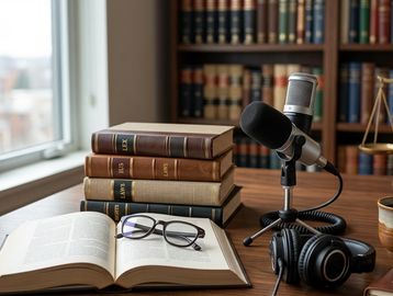A desk with books, glasses, microphone, and headphones in a library setting.