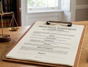A prenuptial agreement document on a clipboard with legal items on a desk.