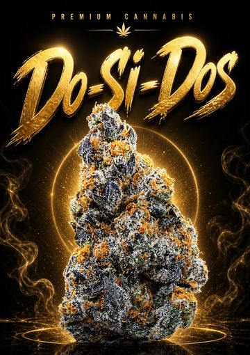 A close-up of a premium cannabis bud with glowing golden text "Do-Si-Dos".