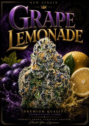 A vibrant cannabis bud with grapes and lemons, labeled Grape Lemonade strain.