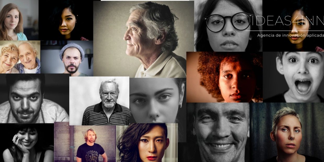 Collage de retratos diversos de personas de diferentes edades y etnias.