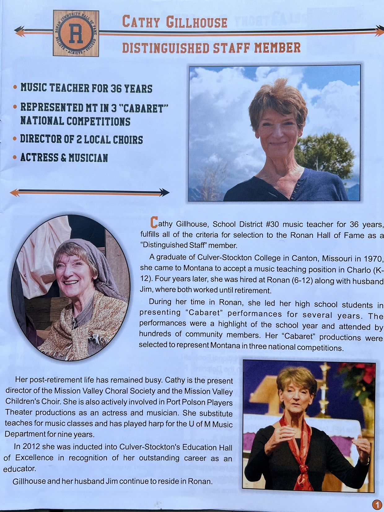Cathy Gillhouse, distinguished music teacher and actress with 36 years of service.