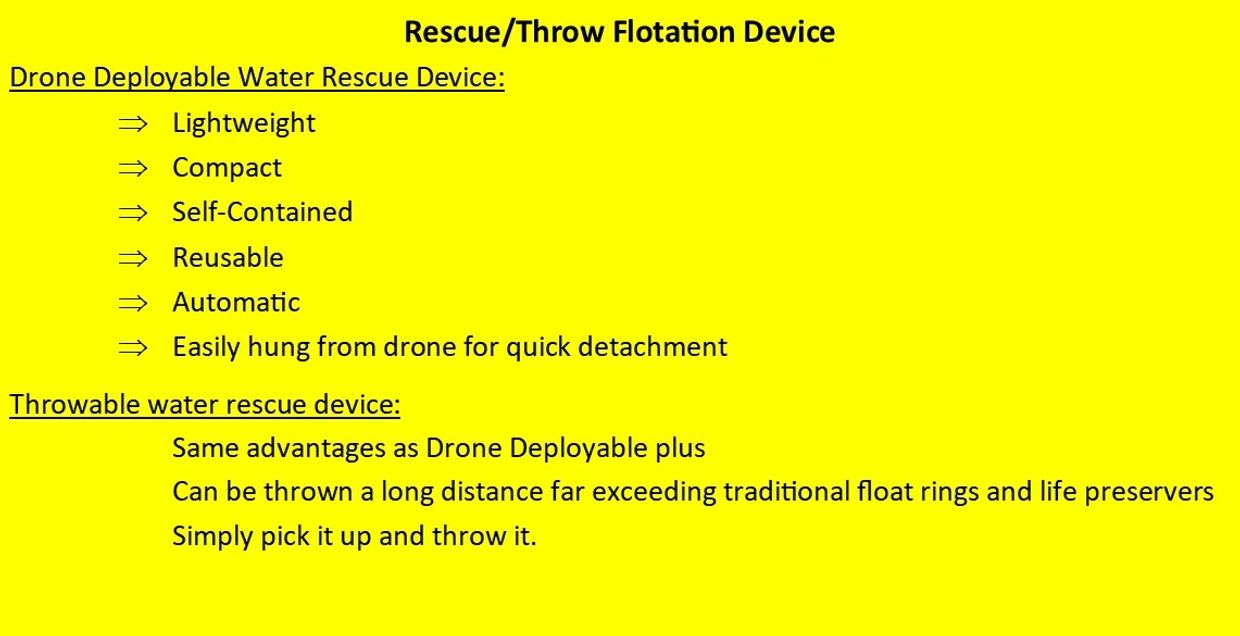 Information about Rescue/Throw Flotation Devices including Drone Deployable and Throwable water rescue devices.