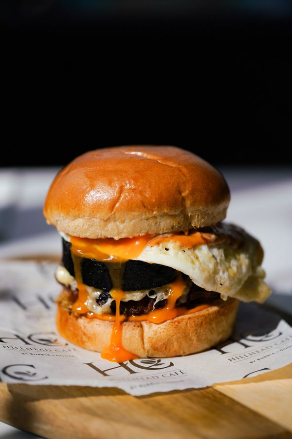 Delicious burger with melted cheese and a fried egg on a brioche bun.