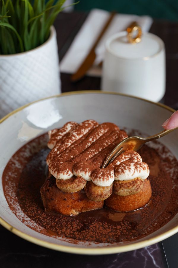 Rich tiramisu dessert with cocoa powder and creamy topping, served in a bowl.
