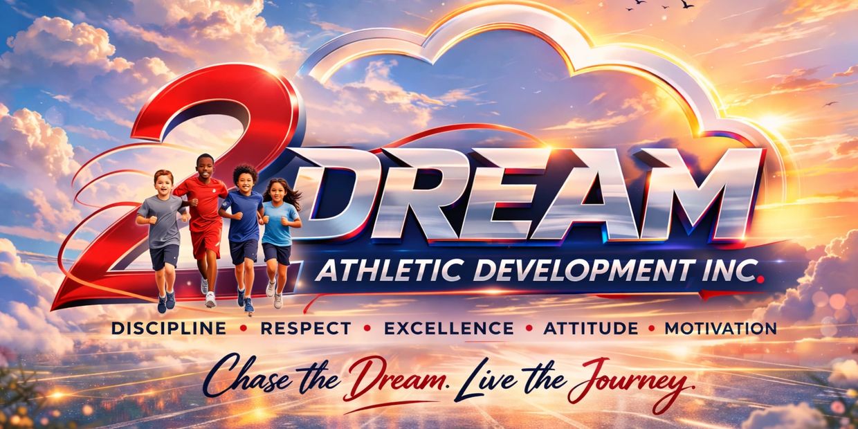 Children running joyfully in front of the 2Dream Athletic Development Inc. logo with motivational values.