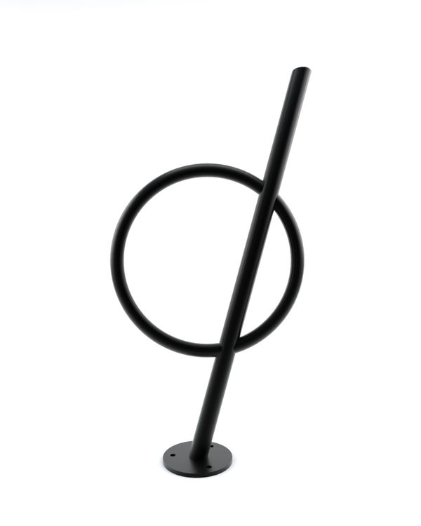 Modern black metal bike rack with a circular and angled design.