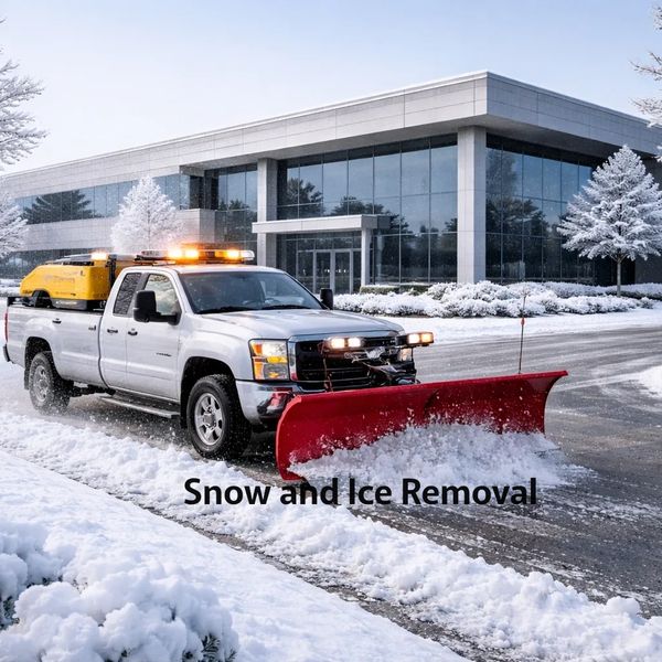 Snow plow truck clearing snow in front of a modern building.