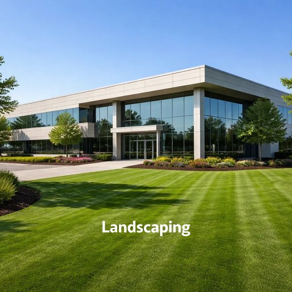 Modern building with well-maintained landscaping and lush green lawn.