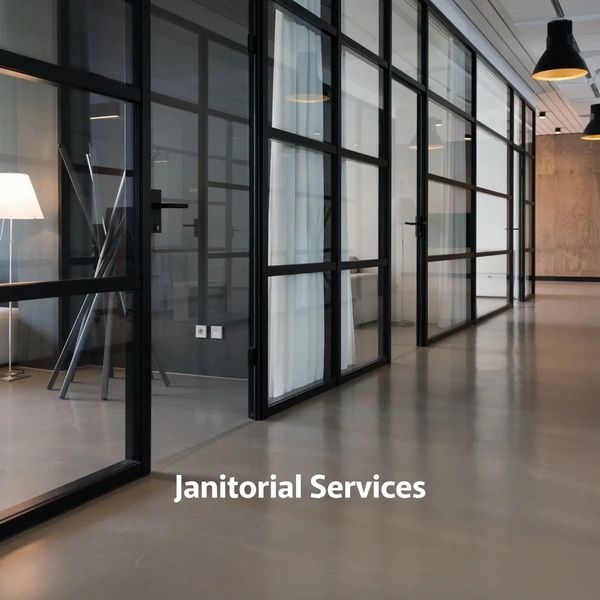 Clean, modern office hallway with glass partitions and polished floors.