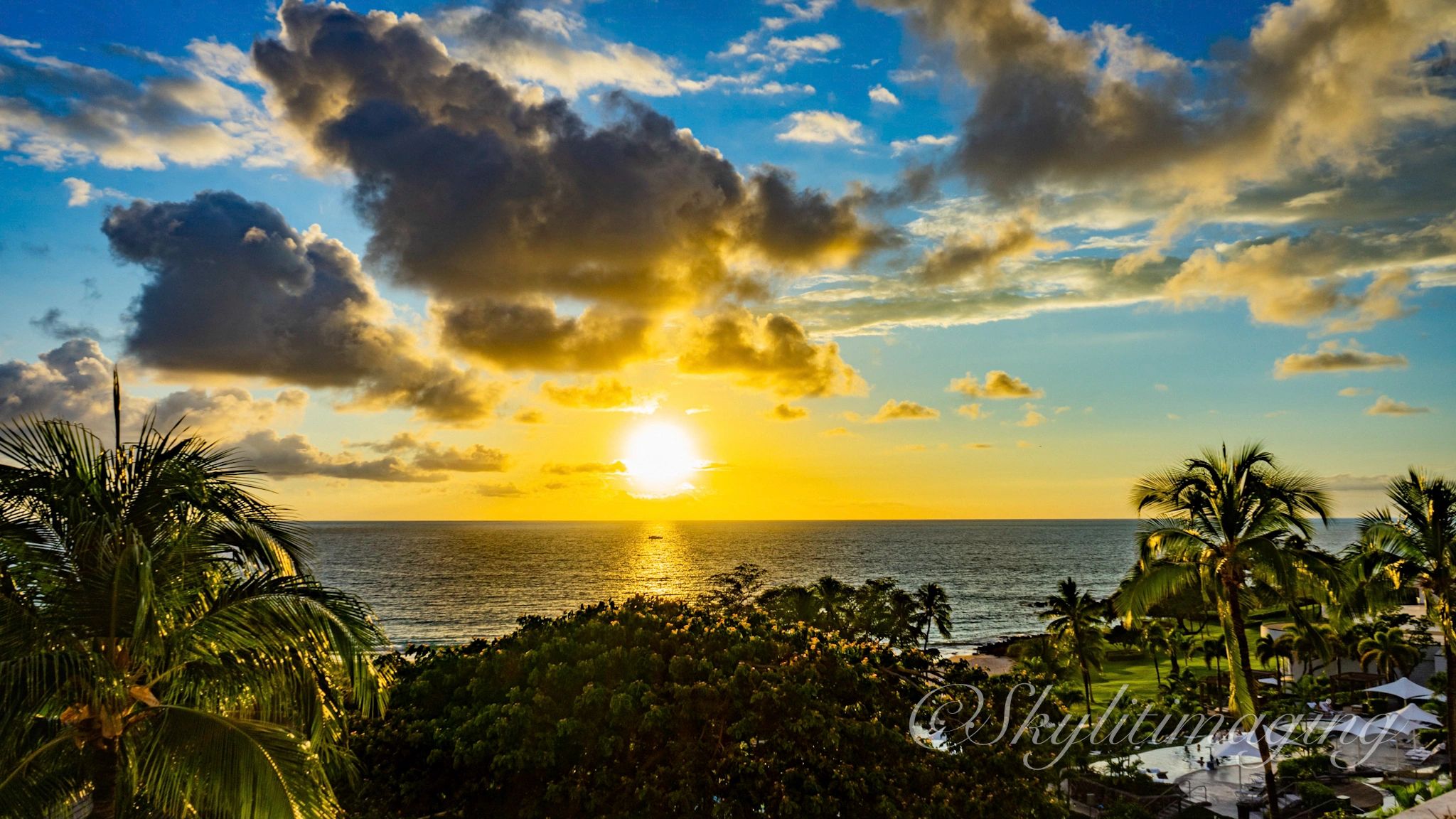 Sunset, Hawaiian, resort, pacific, ocean, clouds, fishing, boat, trees, nature, blue, sky, Hawaii