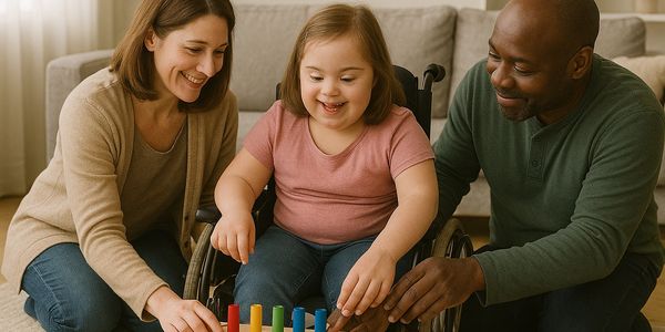 A joyful child in a wheelchair plays with colorful blocks, assisted by two smiling adults.