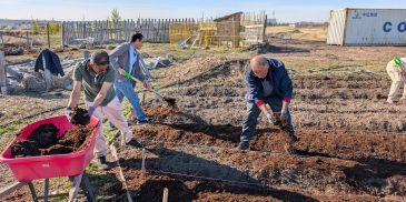 People working together to prepare a garden bed outdoors.