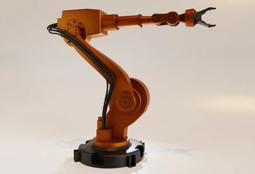 Orange robotic arm with claw on a neutral background.