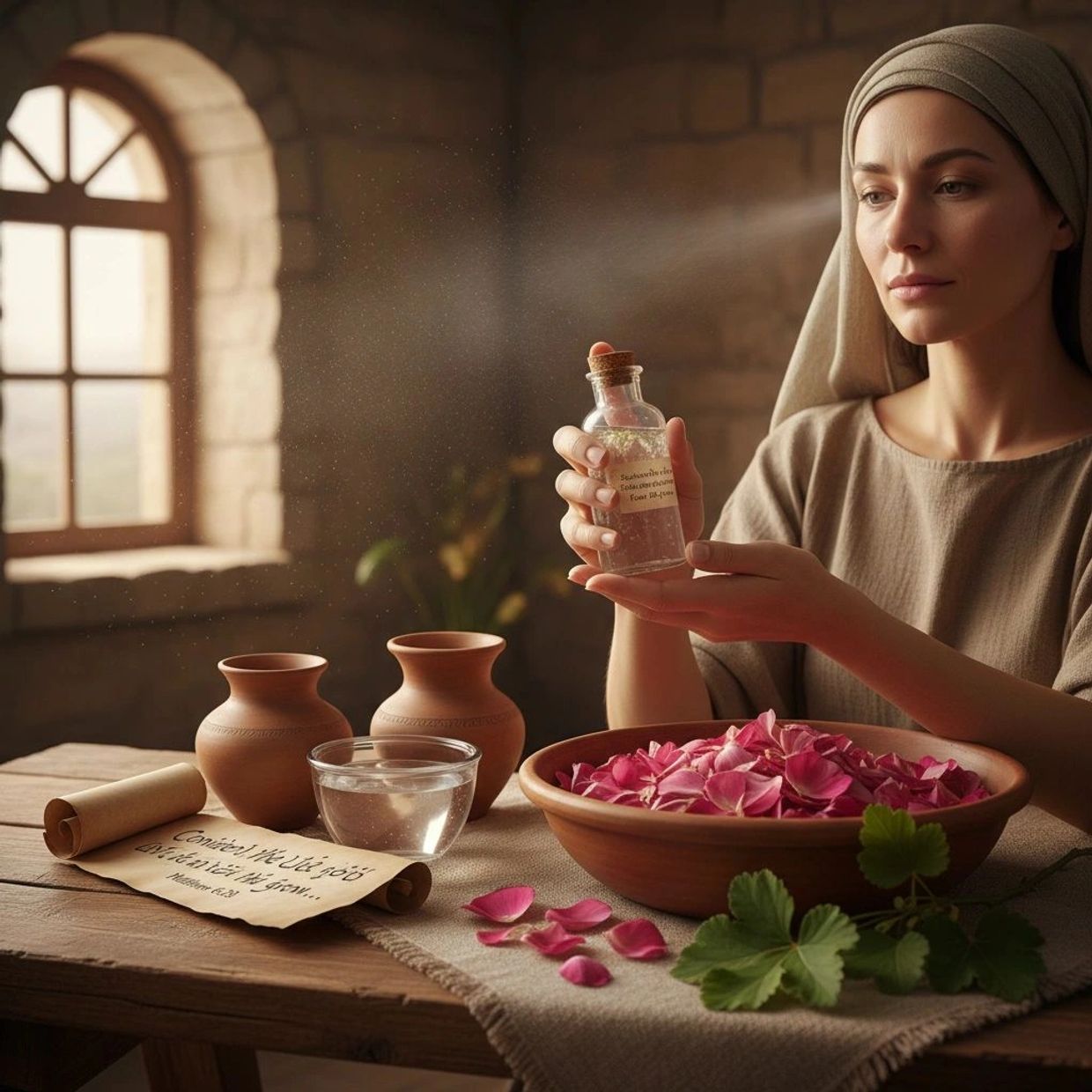 Woman holding a small bottle, surrounded by rose petals and earthenware in a rustic setting.