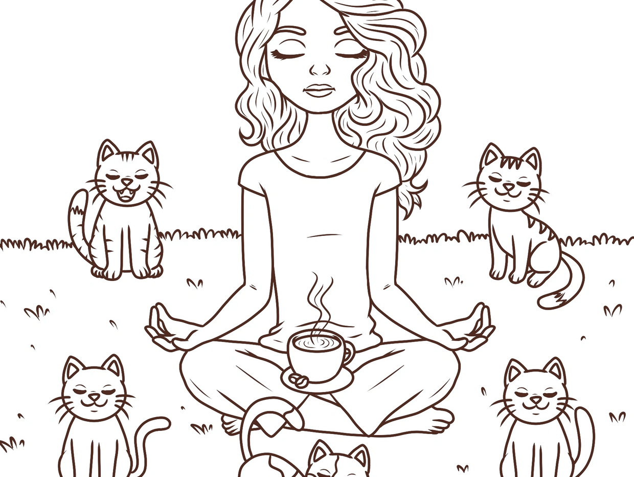 bella doing yoga drinking coffee surrounded by cats
