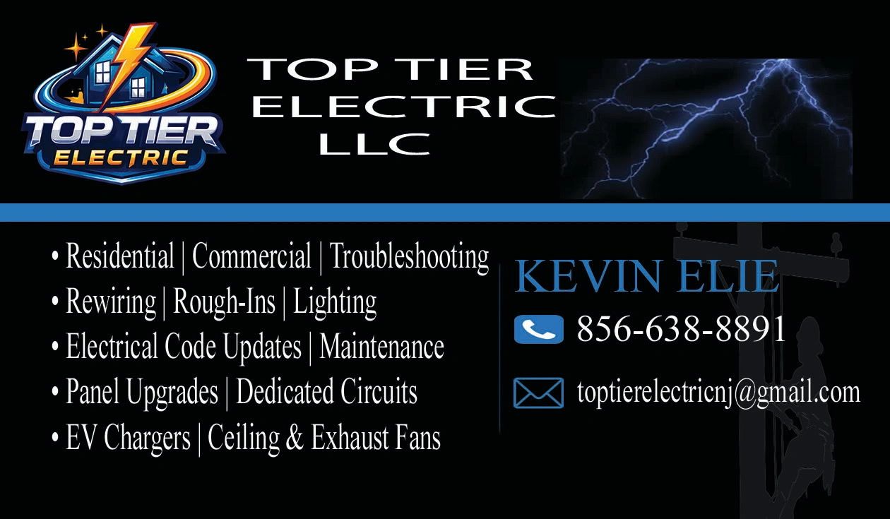 Top Tier Electric LLC business card with contact info and services.