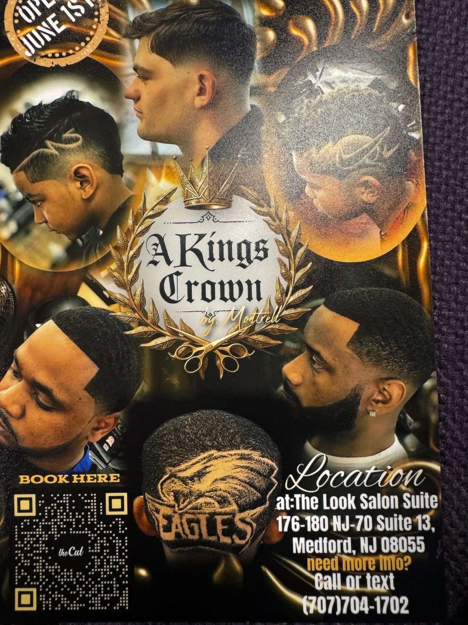 Barber shop flyer showcasing unique men's haircuts and designs.