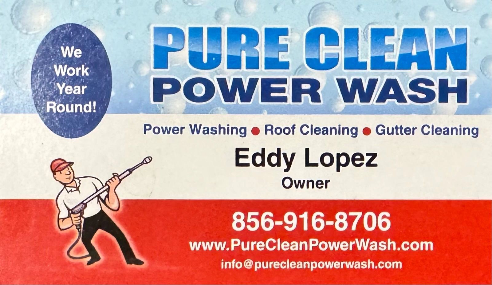 Business card for Pure Clean Power Wash.