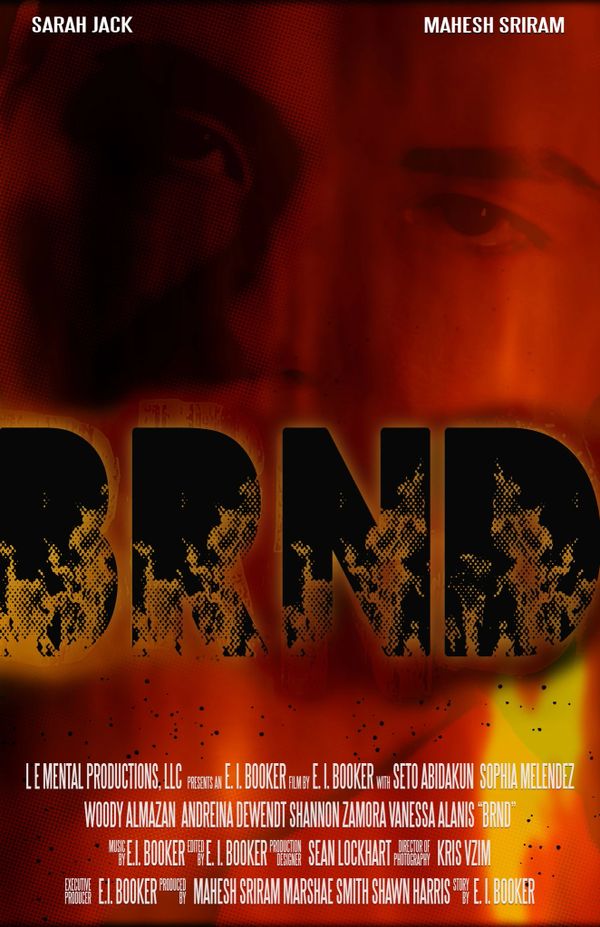 Dark, fiery movie poster for 'BRND' featuring faces and burning letters.
