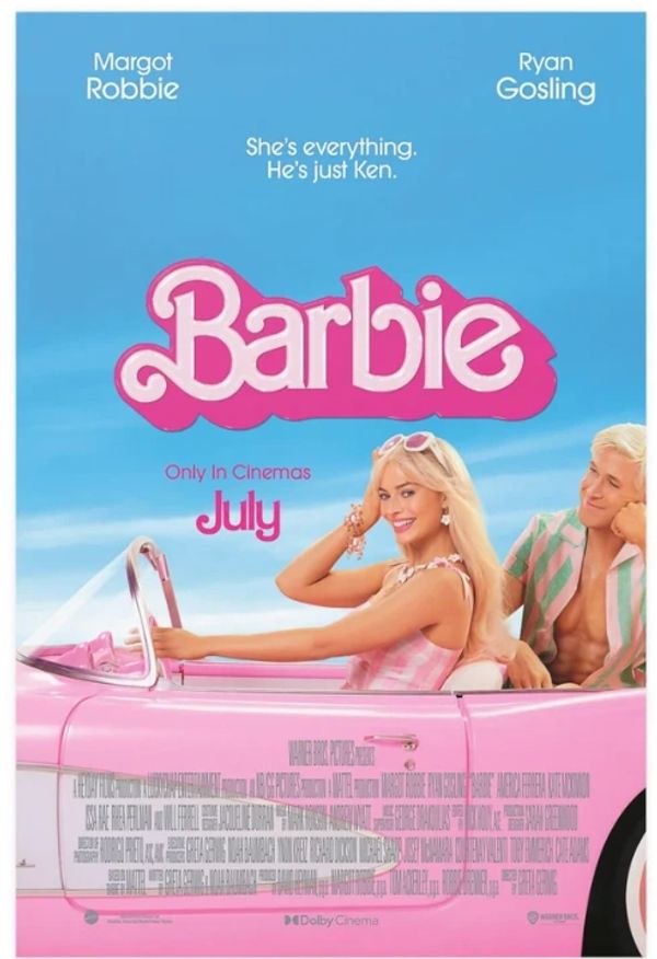 Movie poster for Barbie featuring Margot Robbie and Ryan Gosling in a pink convertible.