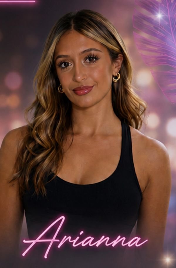 Portrait of a woman named Arianna with wavy hair and glowing text.