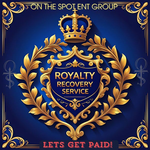 Elegant gold and blue logo for Royalty Recovery Service by On The Spot Ent Group.