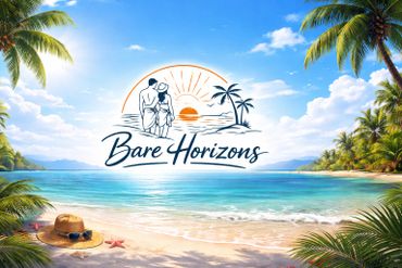 A tropical beach scene with the text 'Bare Horizons' and a couple embracing under a sunset.