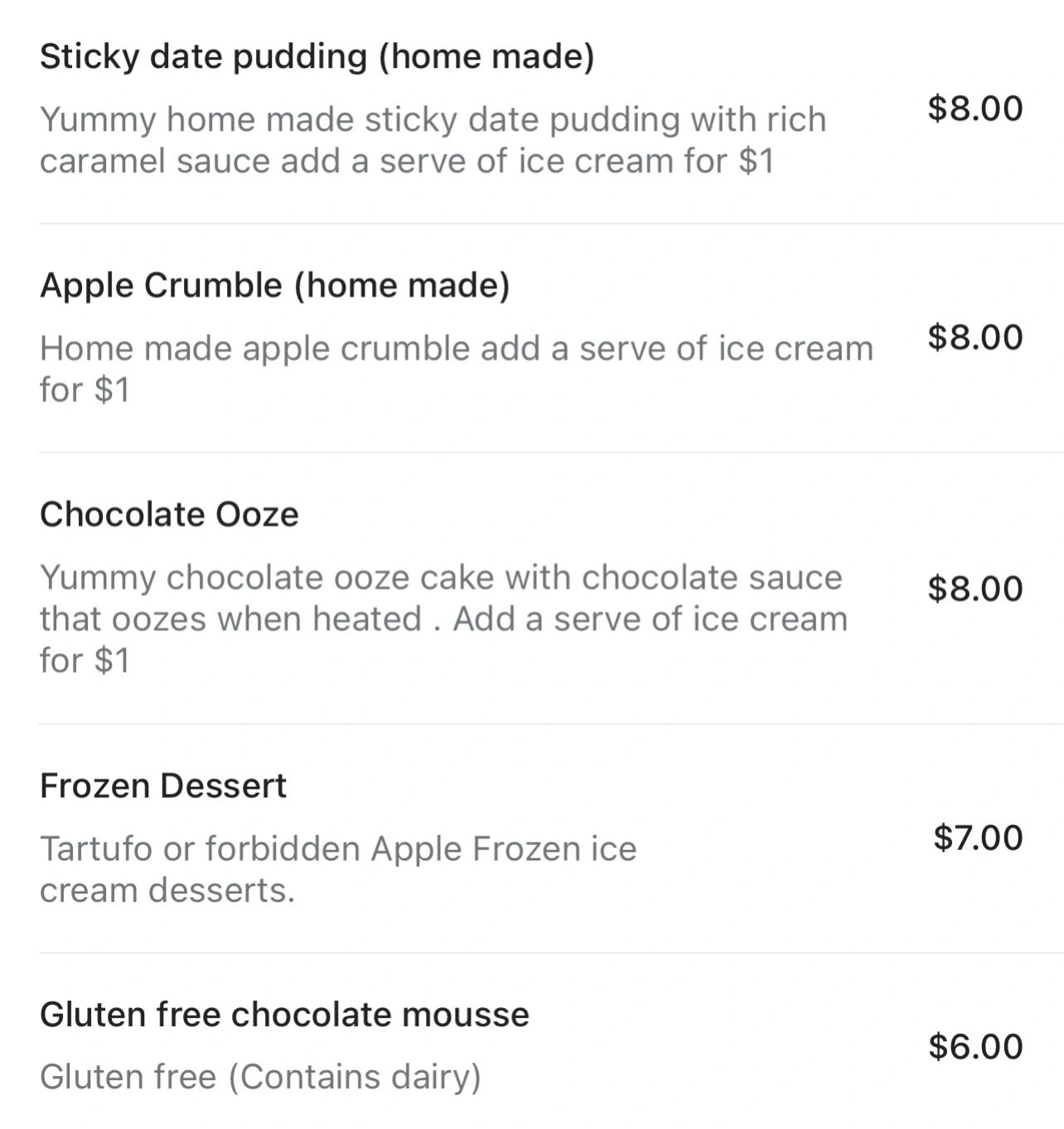 ALL DESSERTS Silvios on Dorothy st pizza & pasta Leopold