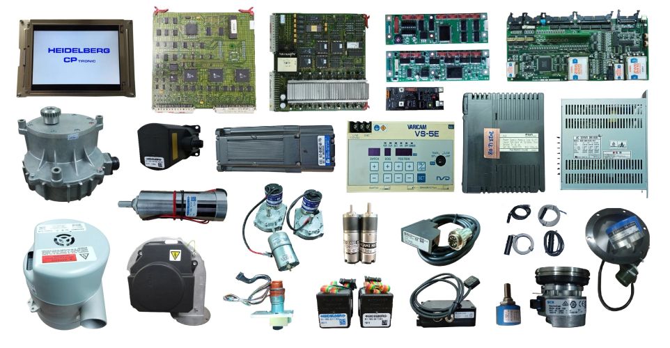 Various electronic and mechanical components for industrial machinery, including circuit boards, motors, sensors, and control units.