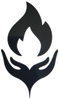 Black silhouette of hands holding a flame symbol.
