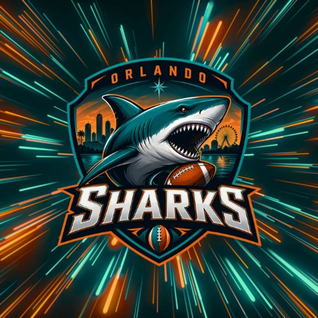 Orlando Sharks logo with a fierce shark and football.