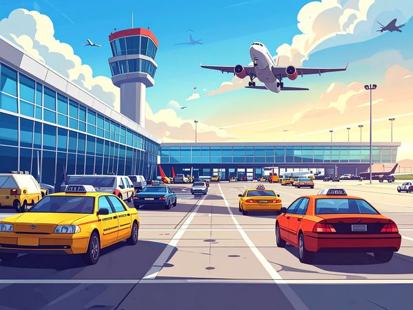 Airport scene with taxis and planes taking off under a bright sky.