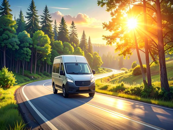 A white van driving on a winding road through a sunlit forest.