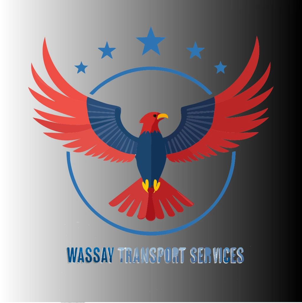 Logo of Wassay Transport Services with a red and blue eagle and five stars.