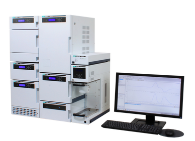 Laboratory chromatography system with computer interface for data analysis.