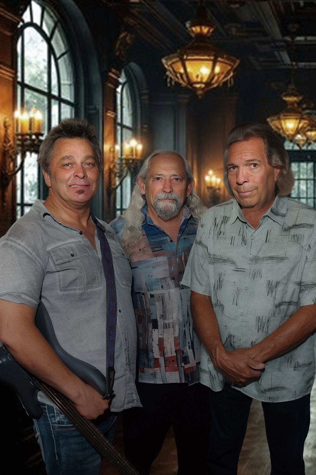 Three men posing indoors with warm lighting.