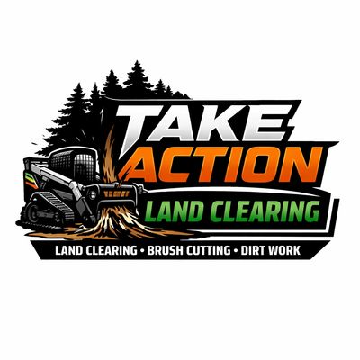 Logo for Take Action Land Clearing with tree and machinery graphics.