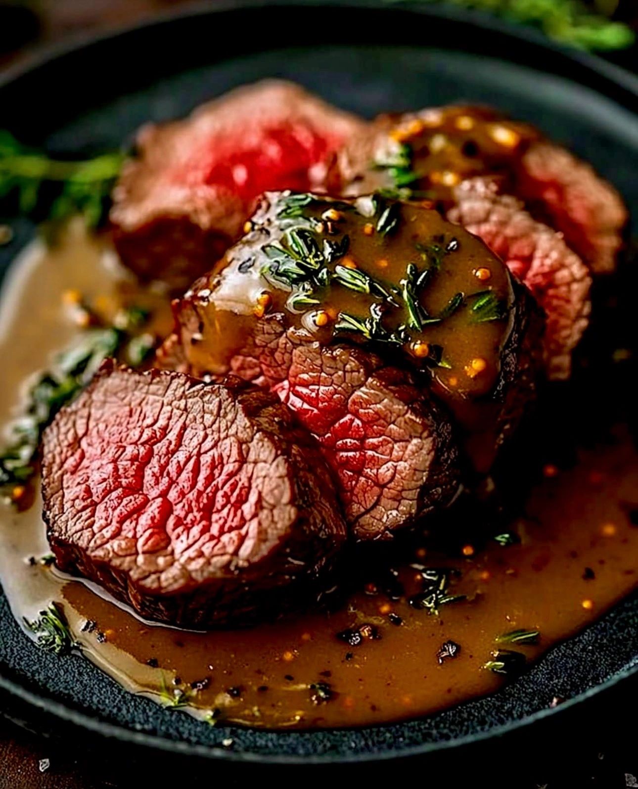 Juicy sliced steak topped with herb sauce on a black plate.